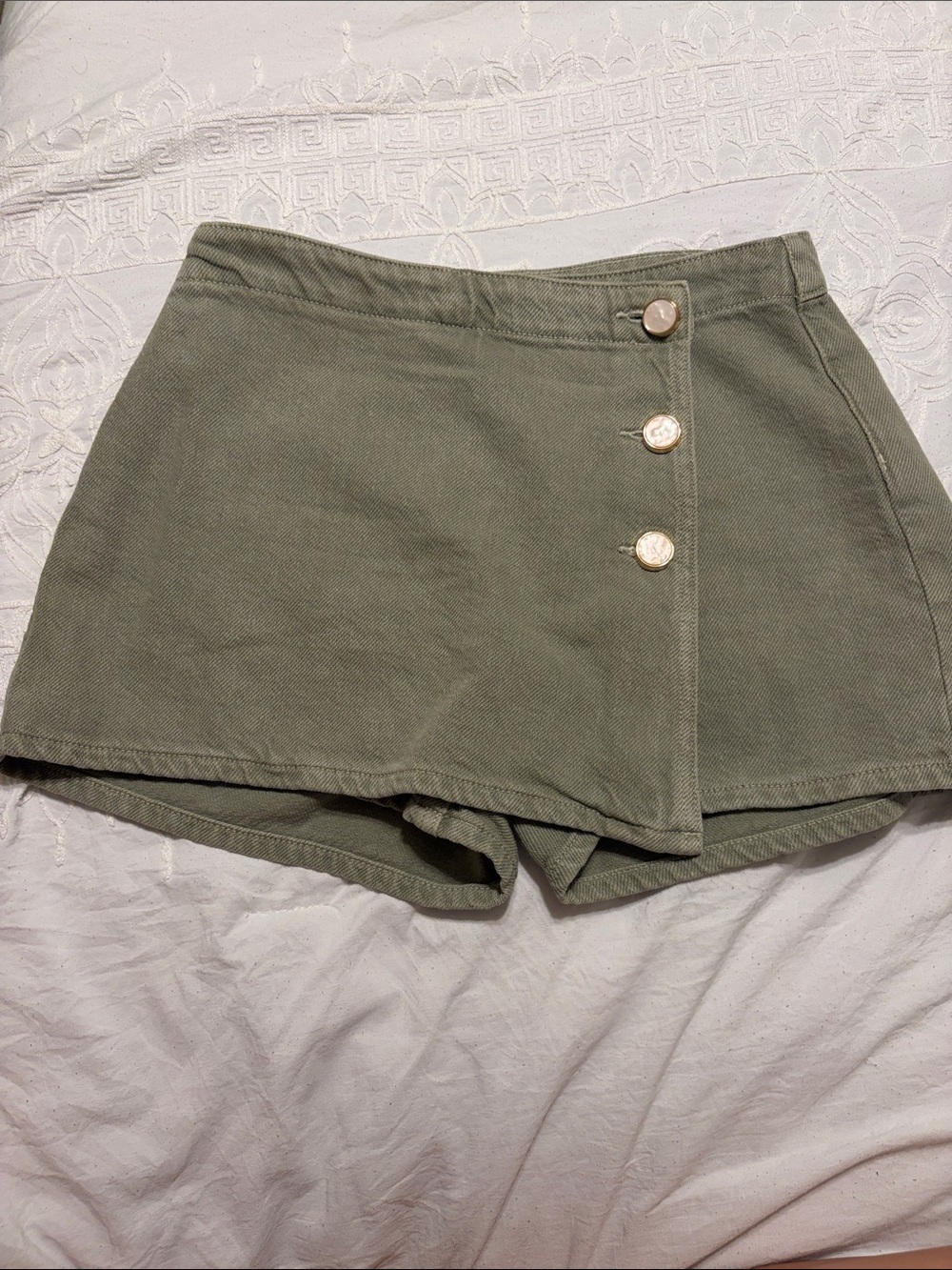 Zara Olive Green Denim Gold Button Wrap Skort